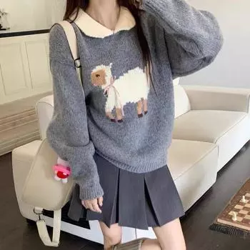 Французский нишевый дизайн, контрастный вязаный топ, уменьшающий возраст, новый осенний свитер с длинными рукавами и кукольным вырезом для женской одежды One Size чёрный