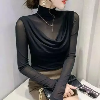 Французский нишевый шикарный топ, весна-осень, новая однотонная сетчатая футболка, модная нижняя рубашка с длинными рукавами, S-4XL L чёрный