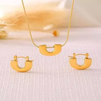 Французский новый U-образный кулон, ожерелье на ключицу, серьги, комплект ювелирных изделий из нержавеющей стали с геометрическим узором и покрытием из 18-каратного настоящего золота