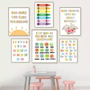 Французский образовательный алфавит, номер, цвет, детская настенная живопись, холст, картина, постер для детей, декор для детской комнаты для мальчиков и девочек 21X30cm No Framed