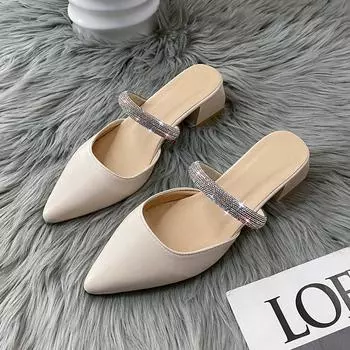 Французский односложный бриллиантовый толстый каблук сумка на голову классные тапочки весна и лето новый сказочный ветер остроконечная голова пустые Мэри Джейн одиночные туфли сандалии 35