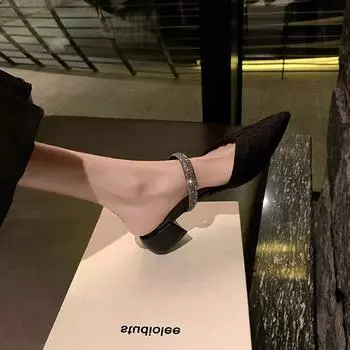 Французский односложный бриллиантовый толстый каблук сумка на голову классные тапочки весна и лето новый сказочный ветер остроконечная голова пустые Мэри Джейн одиночные туфли сандалии 35