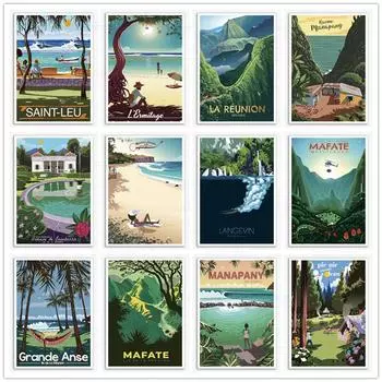 Французский остров Реюньон праздник винтажные туристические плакаты холст картины модульные настенные художественные картины для гостиной украшение дома без рамки 21*30cm
