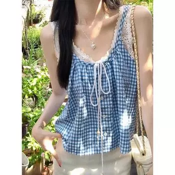Французский пасторальный стиль, имитация двухсекционного топа, женский летний новый синий клетчатый свободный и облегающий тело милый маленький топ S
