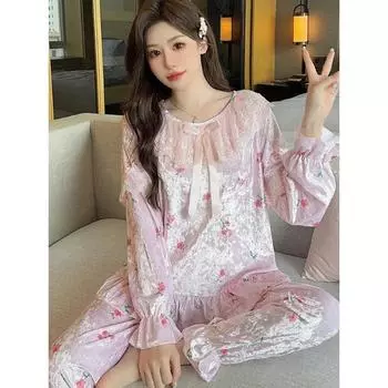 Французский пижамный комплект, женский кардиган с длинным рукавом, брюки, домашняя одежда из двух предметов, бархатная пижама, милая домашняя одежда, одежда Kawaii M