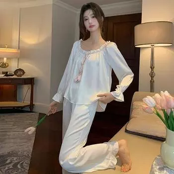 Французский пижамный костюм женский весна и осень новый милый и милый длинный рукав брюки домашняя одежда костюм из ледяного шелка S белый