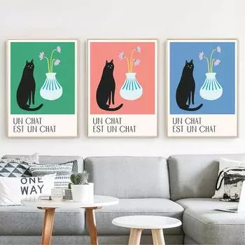 Французский постер с черным котом и цветами, скандинавский розовый, зеленый, синий, настенная живопись на холсте, принты, забавные картинки для декора гостиной 21x30cm No Framed