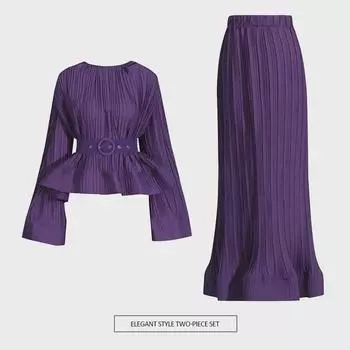 Французский повседневный костюм-двойка 2025 года: Топ с оборками и юбка с высокой талией M вино красного