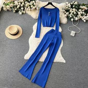 Французский простой стиль, вязаный однотонный модный костюм, женские осенне-зимние топы + драпированные брюки микро-расклешенный, 2 костюма из двух предметов One Size чёрный