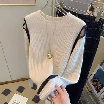 Французский пуловер без плеч, вязаный свитер, топ для женщин, осень 2023, нежный темпераментный модный свитер с подкладкой, пуловер, женские топы One Size розовый