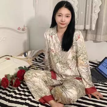 Французский ретро-цветочный принт Женский пижамный комплект Брюки с длинными рукавами Костюм из двух предметов из искусственного шелка Пижама Модная атласная женская повседневная домашняя одежда Пижамы M бежевый