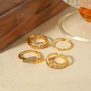 Французский ретро-дизайн, нишевое кольцо с холодным ветром, 18-каратное золото, нержавеющая сталь, геометрическое цирконие, открытое кольцо, ювелирные изделия для женщин