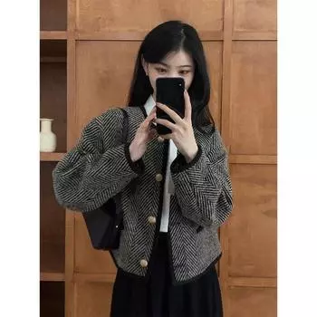 Французский ретро маленький ароматный твидовый пиджак женский старший чувство винтажный короткий жакет кардиган топ осень S