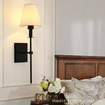 Французский ретро настенный светильник из дерева с абажуром из льняной ткани в деревенском стиле для спальни, кабинета, лестницы, декоративного освещения чёрный