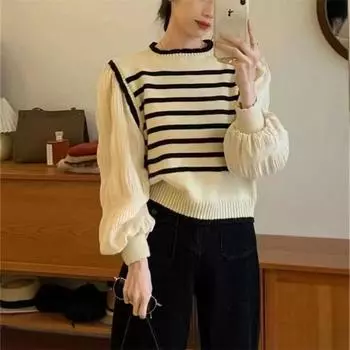 Французский ретро полосатый поддельный свитер из двух частей женский весенне-осенний фонарь рукава дизайн смысл универсальный низ вязаный свитер верх модный one size fits all абрикосовый