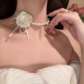Французский ретро преувеличенный жемчужный стример тканевый цветок ожерелье женская личность темперамент мода универсальная цепочка на шею ключичная цепочка