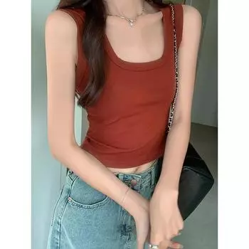 Французский ретро простой повседневный универсальный однотонный топ без рукавов с U-образным вырезом белый и милый летний жилет 2024 года для женщин S