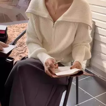 Французский ретро-стиль, женская осенне-зимняя куртка-свитер с застежкой-молнией и большими лацканами, свободный короткий топ, модный One Size белый