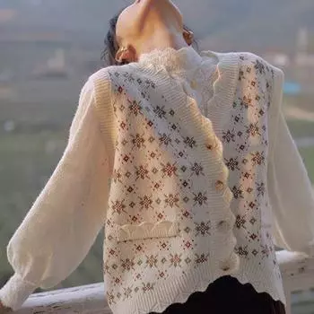 Французский ретро свитер с V-образным вырезом жилет женский кардиган куртка свободный крой весенний трикотажный топ верхняя одежда S