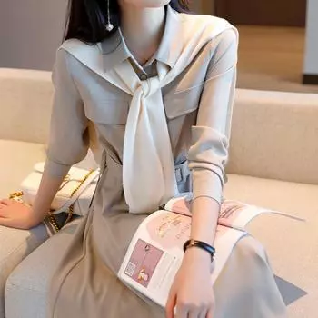 Французский ретро темперамент платье-рубашка женское начало осени новый нежный ветер длинные рукава талия средняя и длинная юбка S 80-50 kg хаки