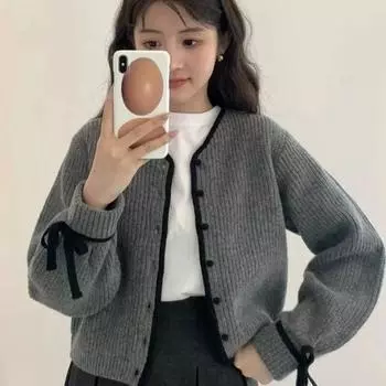 Французский ретро вязаный кардиган, свитер, женский осенний и осенний свитер с длинными рукавами, женское пальто и короткий свитер, кардиган, женский топ One Size серый