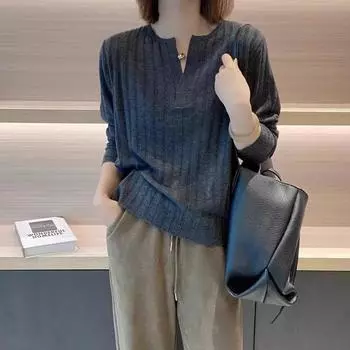 Французский ретро-вязаный свитер с V-образным вырезом для женщин на осень и зиму, приталенная базовая рубашка с длинными рукавами для верхней одежды S чёрный