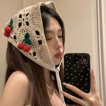 Французский ретро вязаный вишневый треугольный шарф головной убор для путешествий милый и милый вязаный крючком литературный и художественный платок женская повязка на голову прилив