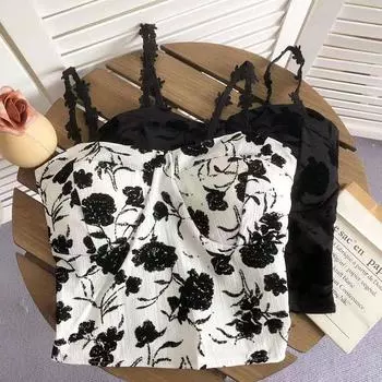 Французский ретро-жилет на подтяжках с черной розой и цветочным принтом, короткие топы на бретелях с подкладкой для бюстгальтера, сексуальные тонкие однотонные футболки и топы, майки и майки