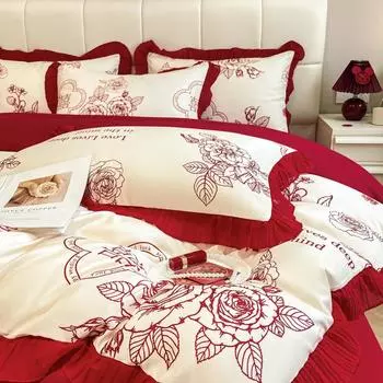 Французский романтический свадебный комплект из четырех предметов, свадебный красный высококачественный пододеяльник, простыни для свадебной комнаты 1.5m bed sheet 4pcs