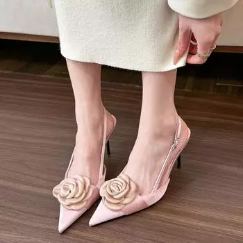 Французский розовый! Остроконечные розовые высокие каблуки женские весенние атласные задние пустые легкие сандалии женские 35