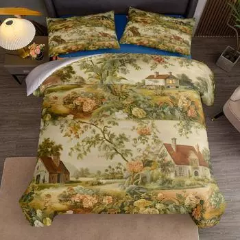Французский сельский арт Туаль-де-Жуи Комплект пододеяльника UK Односпальный Двуспальный Королевский US Полуторный Полный Королевский размер Среди постельного белья 140x200cm