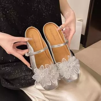 Французский серебряный однословный мешок голова крутые тапочки женские голова цветок одна педаль увеличивающие рост туфли muller 35 серебряный