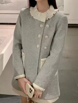 Французский серый элегантный средней длины теплая куртка женская осень-зима принцесса милая одежда утолщенный дизайн повседневное пальто вечеринка 2024 S серый