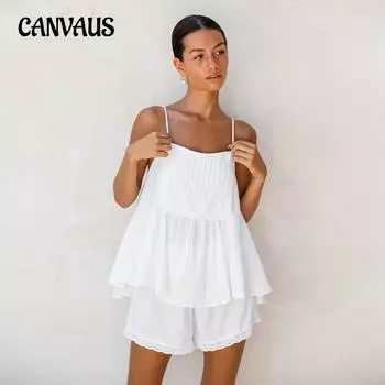 Французский сексуальный хлопковый пижамный костюм женский летний белый подтяжки шорты костюм свободный внешний вид домашняя одежда S белый