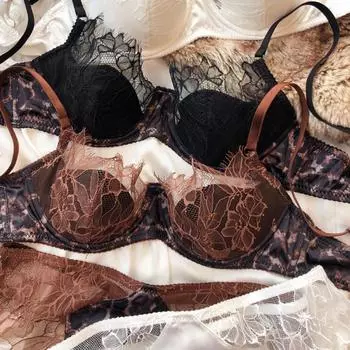 Французский сексуальный комплект нижнего белья с леопардовым принтом, женский кружевной бюстгальтер с вышивкой, пуш-ап, тонкая чашка, удобное нижнее белье, комплект из бюстгальтера и трусиков больших размеров S коричневый