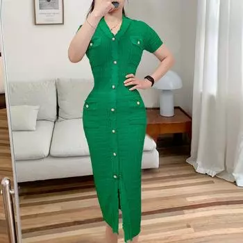 Французский шик мода элегантный запах бедра трикотажное платье женщины корейская мода жемчуг однобортный облегающий офис леди платья новый One Size чёрный