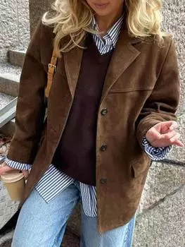Французский шик винтажные куртки High Sense женские повседневные свободные лацканы однобортные верхние одежды осенняя мода длинные рукава ретро коричневое пальто S коричневый