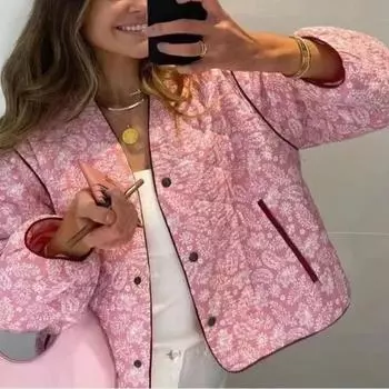 Французский шик винтажный хлопковый стеганый пиджак для женщин осень ретро Y2k розовый принт лоскутная одежда милый стиль V-образный вырез длинный рукав куртка S розовый