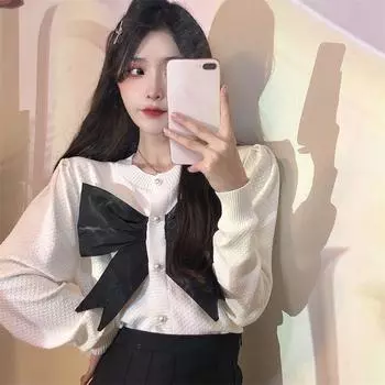 Французский шикарный маленький ароматный кардиган с бантом, свитер, пальто, женский осенне-зимний повседневный кардиган с круглым вырезом и длинными рукавами, женский свитер