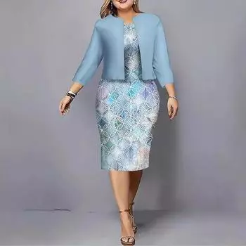 Французский шикарный винтажный роскошный комплект из двух предметов: синее пальто с круглым воротником + платье с принтом в стиле пэчворк, новые эстетичные ретро-платья, костюм для женщин M синий