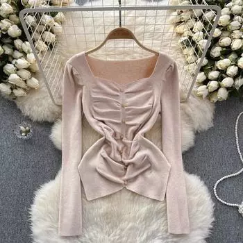 Французский слэ Нежный слэ Весенний новый топ с узором со складками Облегающий крой Универсальный пуловер для похудения Трикотажная основа с длинными рукавами S абрикосовый