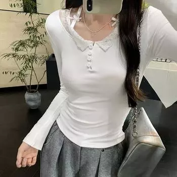 Французский сладкий и пряный дизайн кружева сшивание полуряд пуговиц тонкая футболка с длинными рукавами женская осенняя новая внутренняя многослойная рубашка S