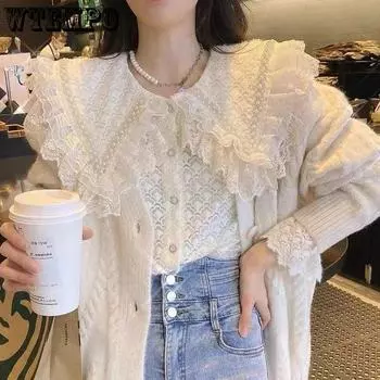 Французский сладкий ветер мода крючком ажурный кружевной низ рубашки кукольный воротник осенние и зимние модели топы S