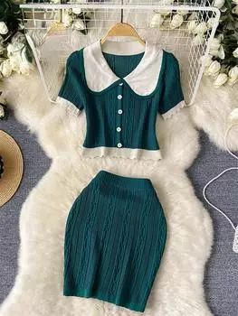 Французский сладкий вязаный новый комплект из двух предметов, женский элегантный топ с короткими рукавами и эластичной резинкой на талии, костюмы, летняя винтажная офисная одежда One Size абрикосовый