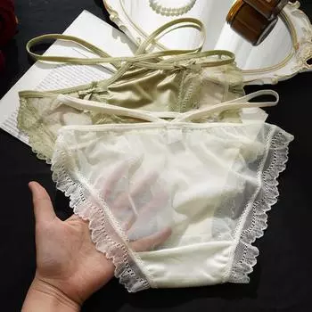 Французский соблазн полупрозрачные кружевные трусики с бантом и краем из чистого хлопка женские трусы-брифы S/M белый