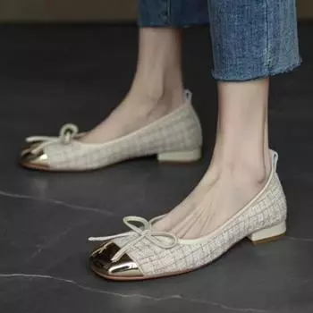Французский стиль балетки без застежек женские элегантные женские плетеные туфли весна осень низкий каблук 2 см пэчворк повседневные плоские туфли 35 чёрный