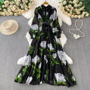 Французский стиль для отпуска Супер фея с принтом Лацкан Длинный рукав Платье Женское Весна Осень Однобортное Талия Расклешенное Элегантное S