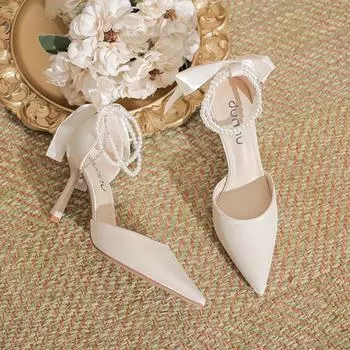 Французский стиль феи темперамент тонкий каблук высокие каблуки женские 2024 новые сандалии с бантом из жемчуга и сумкой на голове женские 34