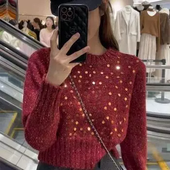 Французский стиль, изысканный темперамент, трикотаж с пайетками, прочный круглый вырез, красный ленивый свитер для осени и зимы S