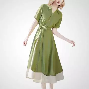 Французский стиль Классический Западный стиль Мода Зеленое платье-рубашка Женское 2025 Лето Новое чувство дизайна Асимметричная юбка с контролем талии Green-- 2XL